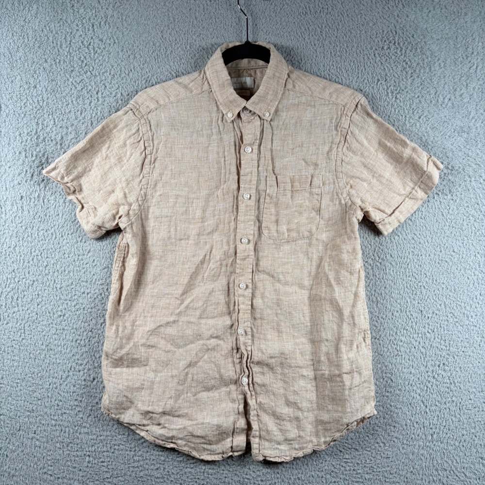 Porter & Ash Mens Tan 100% Linen Short Sleeve Button Down Shirt Small Coastal